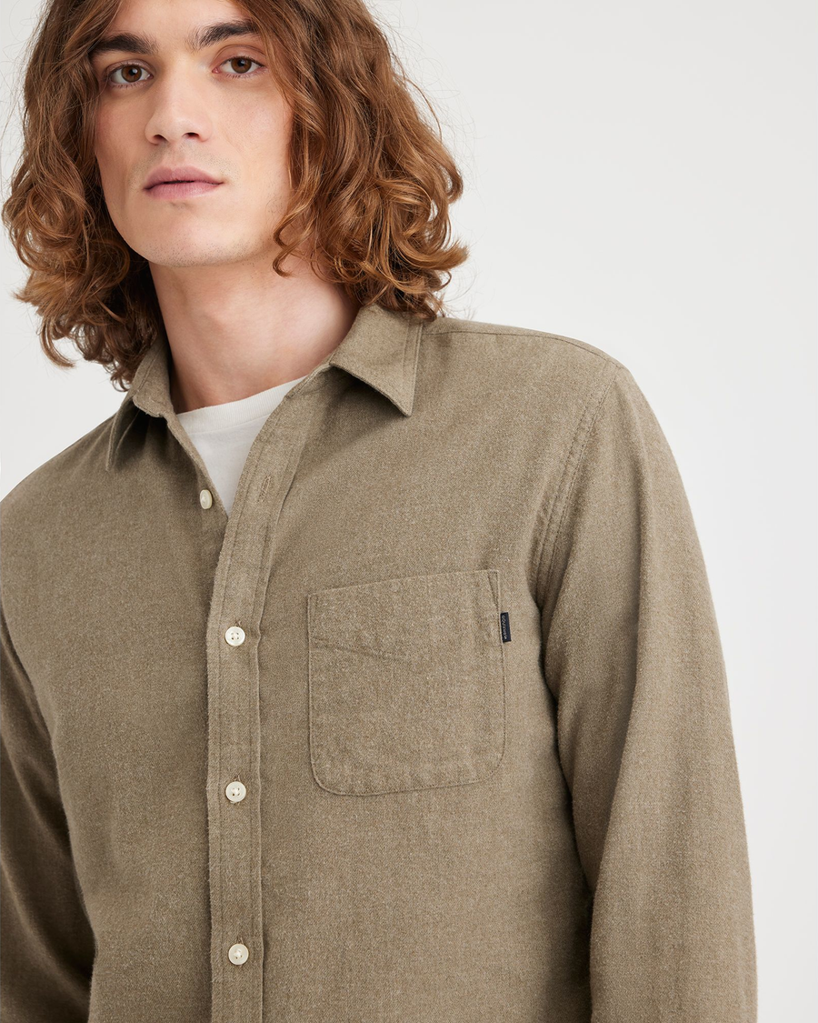 View of model wearing Yucca Heather Men's Slim Fit Icon Button Up Shirt.