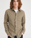 View of model wearing Yucca Heather Men's Slim Fit Icon Button Up Shirt.