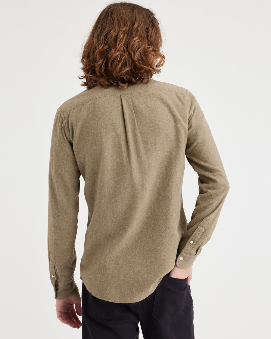 Back view of model wearing Yucca Heather Men's Slim Fit Icon Button Up Shirt.